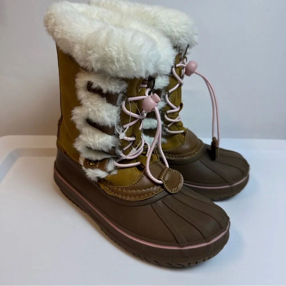 London Fog Kids Brown SnowBoots‎ w/ Pink Accents sz 2 Faux Fur Winter Outdoor